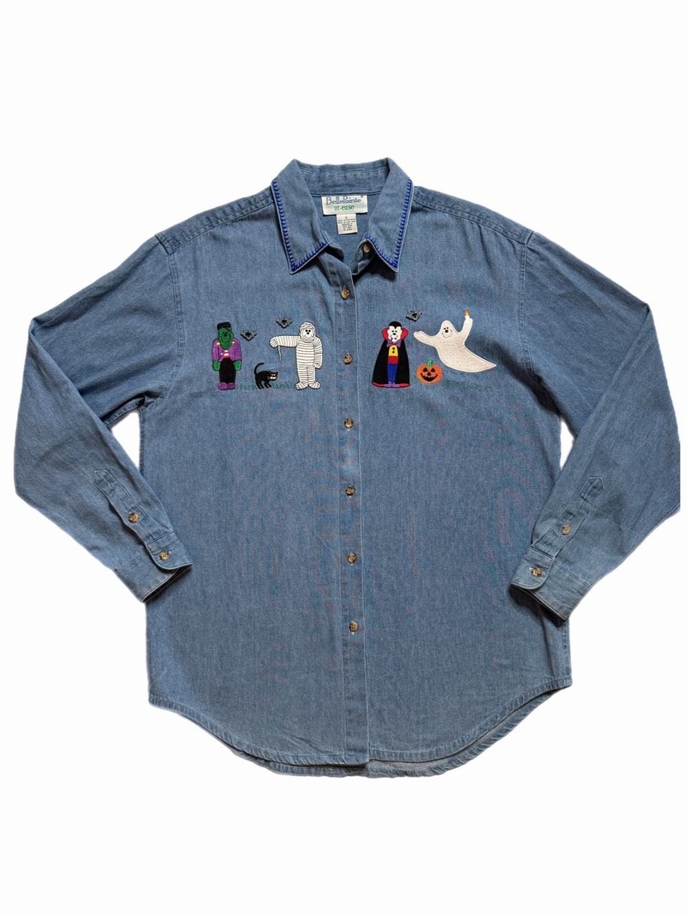 Y2K Halloween Embroidered Chambray Denim Button Down Shirt S Oversized